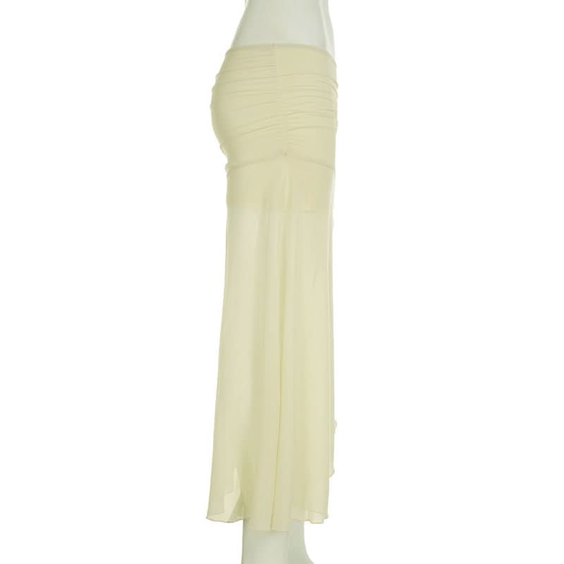 Ruched mesh slit maxi skirt
