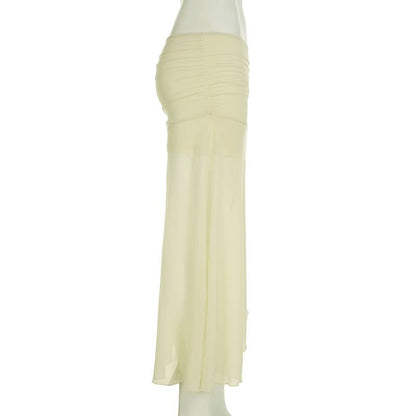 Ruched mesh slit maxi skirt