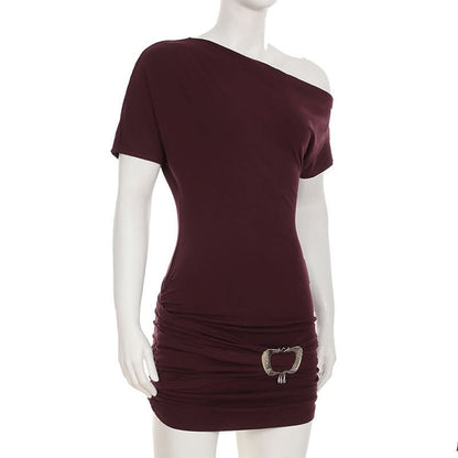 One shoulder ruched short sleeve metal applique mini dress