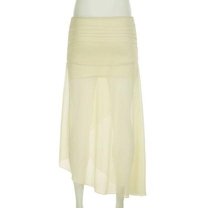 Ruched mesh slit maxi skirt