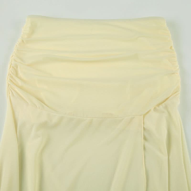 Ruched mesh slit maxi skirt