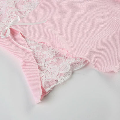 Lace bowknot ruffle tube top