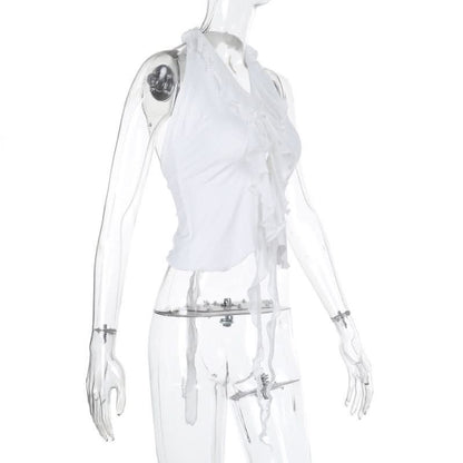 Halter backless ruffle self tie top