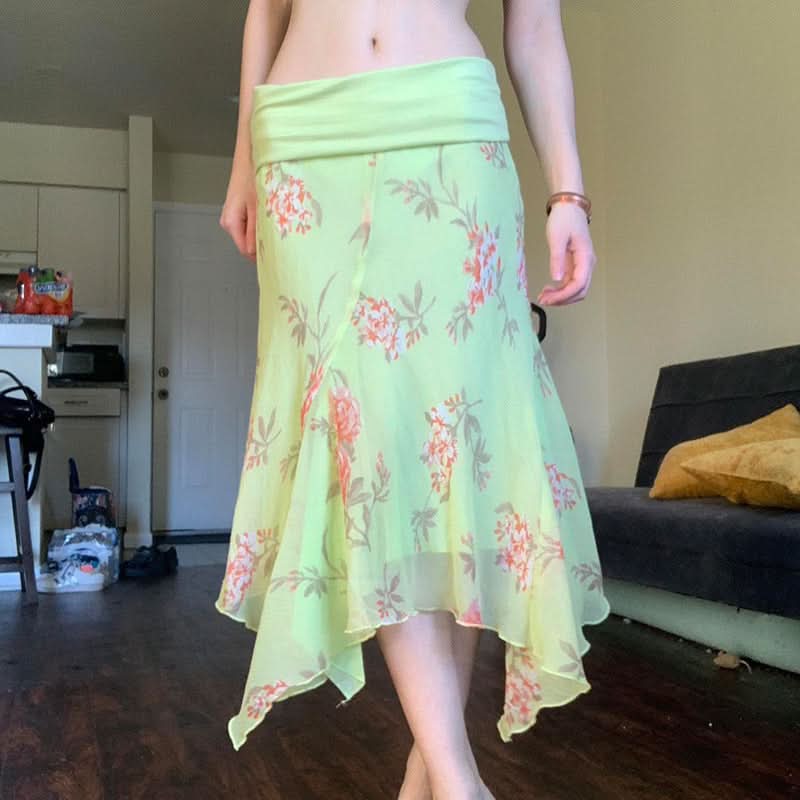 Mesh flower print irregular maxi skirt