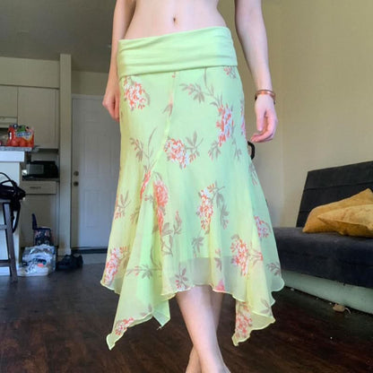 Mesh flower print irregular maxi skirt