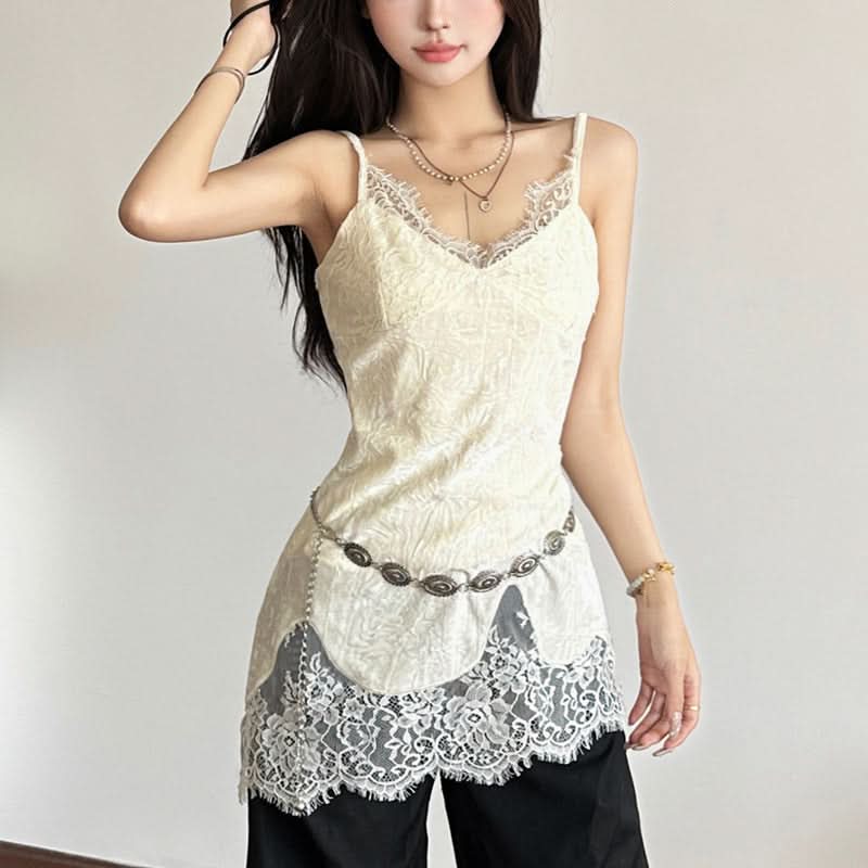 V neck lace hem cami top