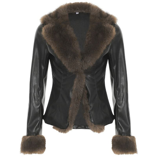 Long sleeve PU leather fluffy button coat top