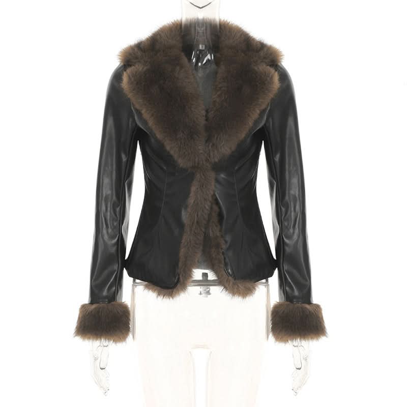 Long sleeve PU leather fluffy button coat top