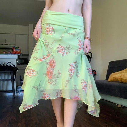 Mesh flower print irregular maxi skirt