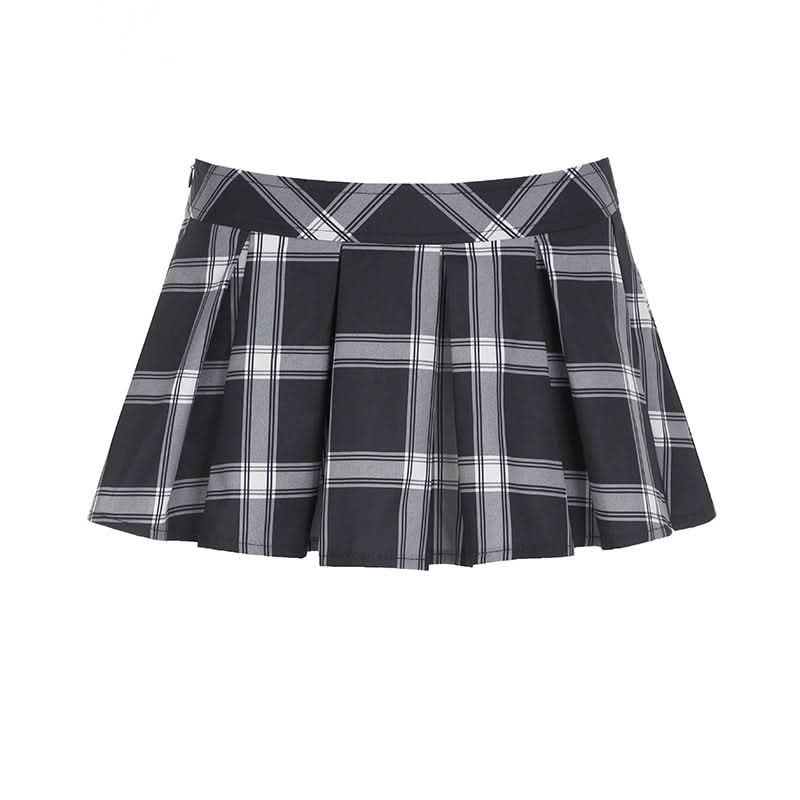 Pleated plaid zip-up mini skirt