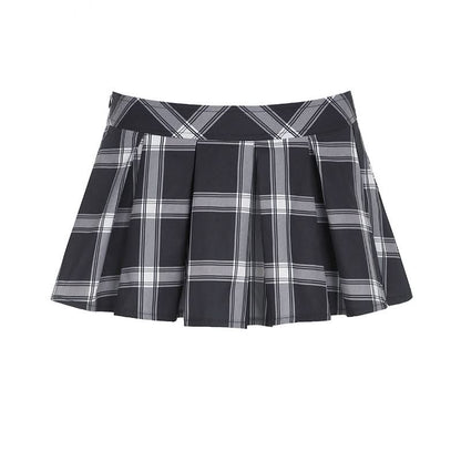 Pleated plaid zip-up mini skirt