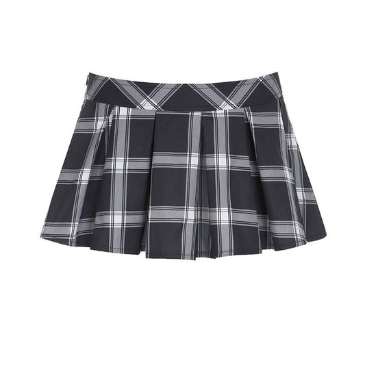 Pleated plaid zip-up mini skirt