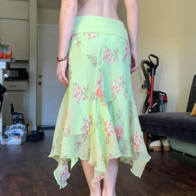 Mesh flower print irregular maxi skirt