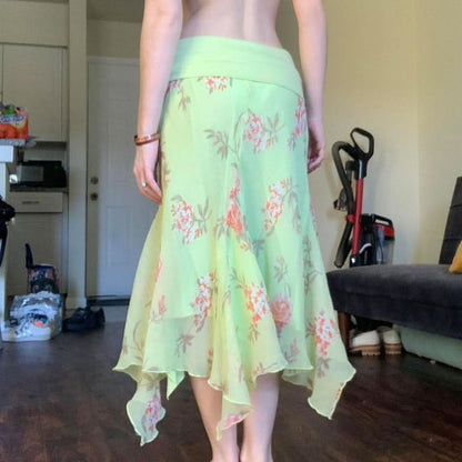 Mesh flower print irregular maxi skirt