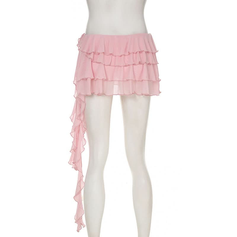 Ruffle mesh irregular mini skirt