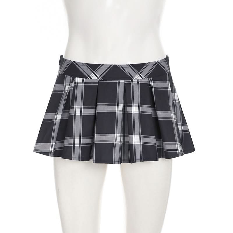 Pleated plaid zip-up mini skirt