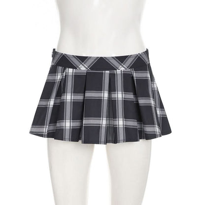 Pleated plaid zip-up mini skirt