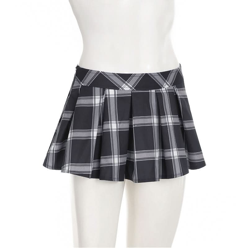 Pleated plaid zip-up mini skirt