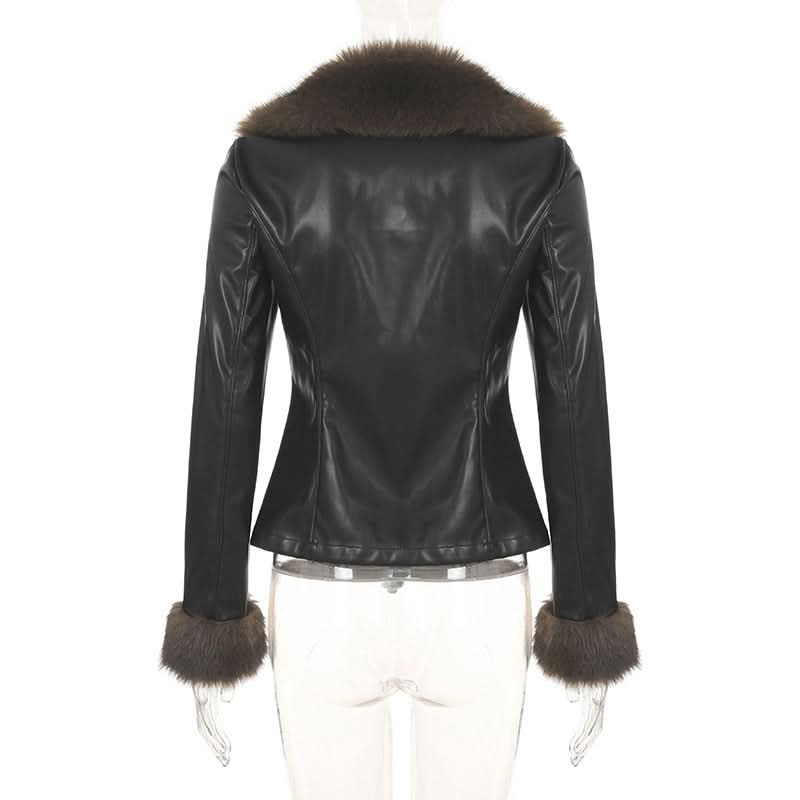 Long sleeve PU leather fluffy button coat top