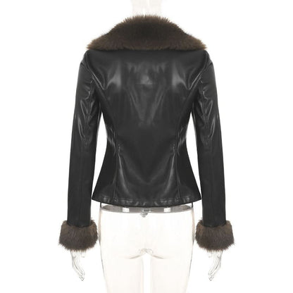 Long sleeve PU leather fluffy button coat top