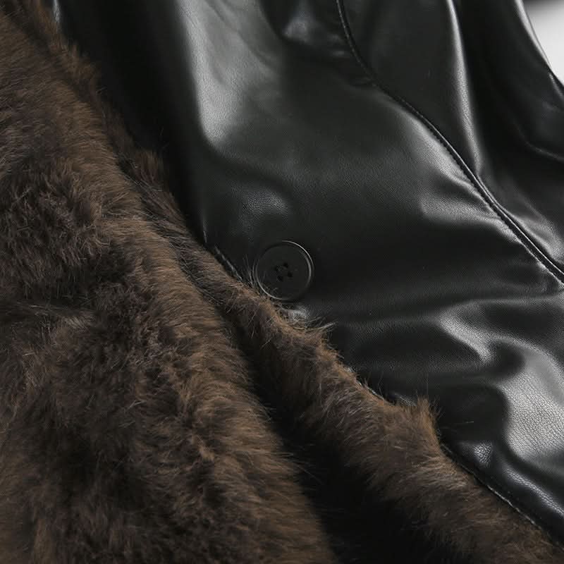 Long sleeve PU leather fluffy button coat top