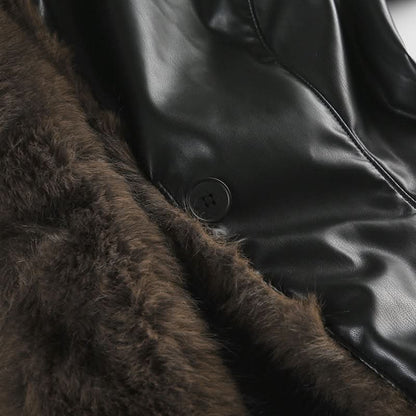 Long sleeve PU leather fluffy button coat top