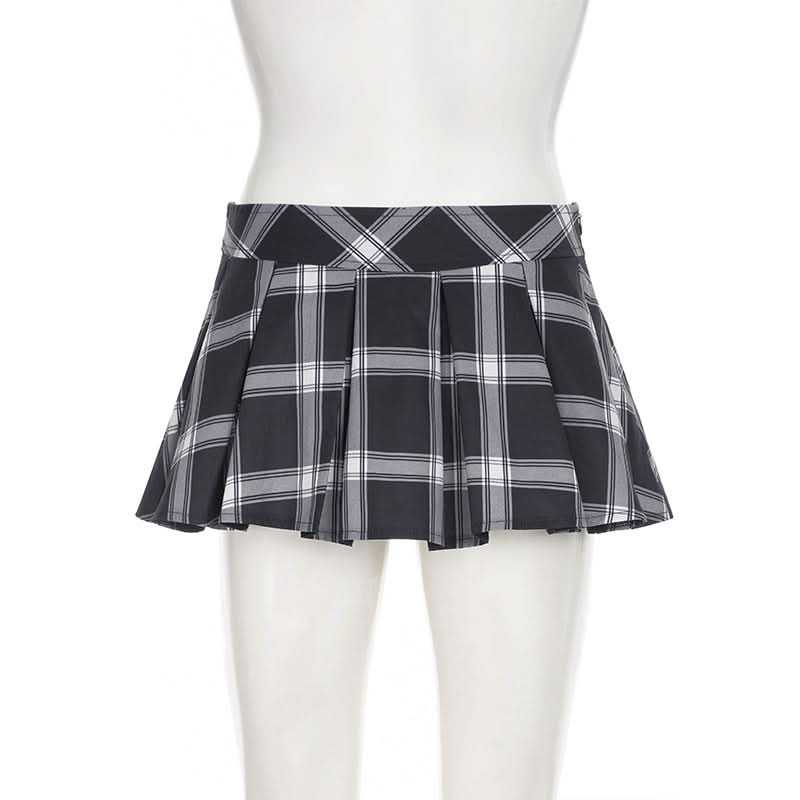 Pleated plaid zip-up mini skirt