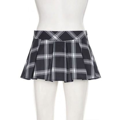 Pleated plaid zip-up mini skirt