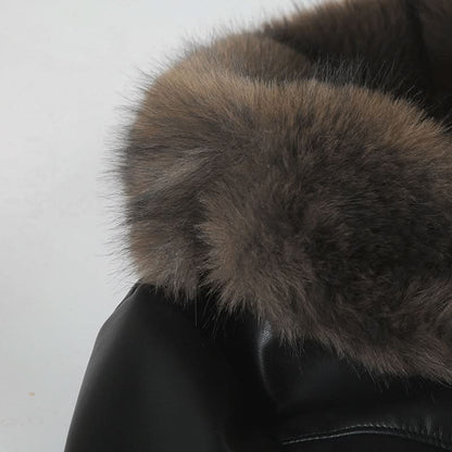 Long sleeve PU leather fluffy button coat top