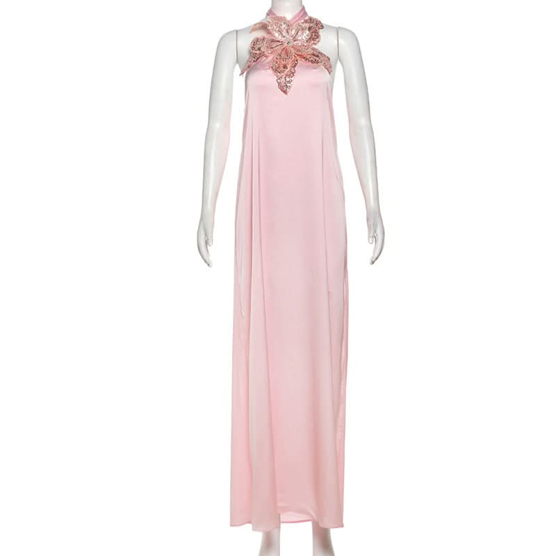 Halter glitter flower applique self tie maxi dress