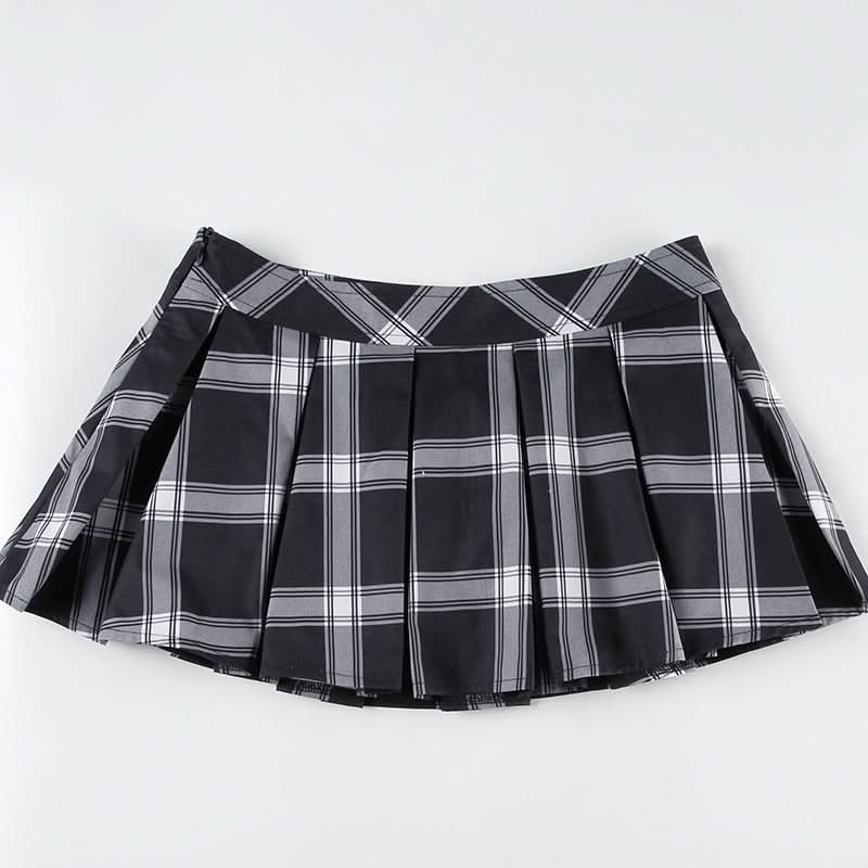 Pleated plaid zip-up mini skirt