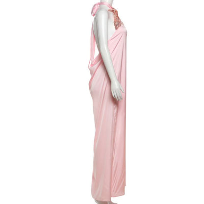 Halter glitter flower applique self tie maxi dress