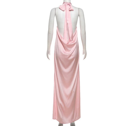 Halter glitter flower applique self tie maxi dress