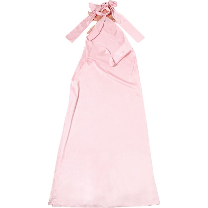 Halter glitter flower applique self tie maxi dress