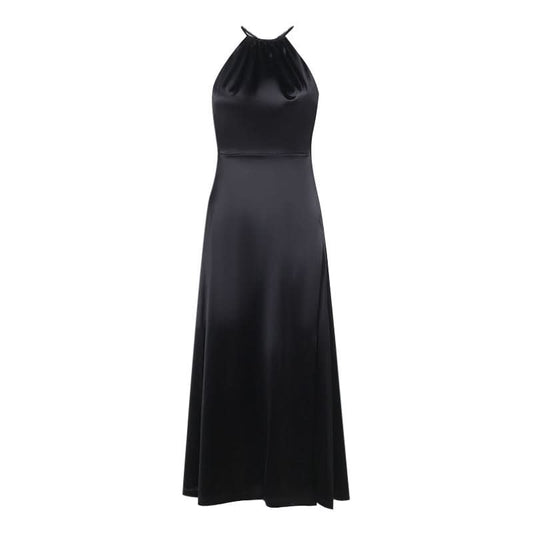 Cross back satin self tie slit maxi dress