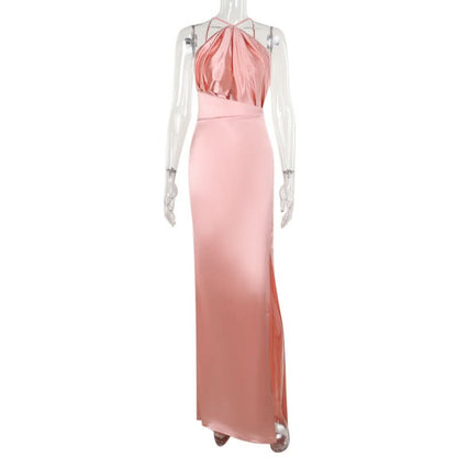 Hollow out satin slit ruched cut out maxi dress