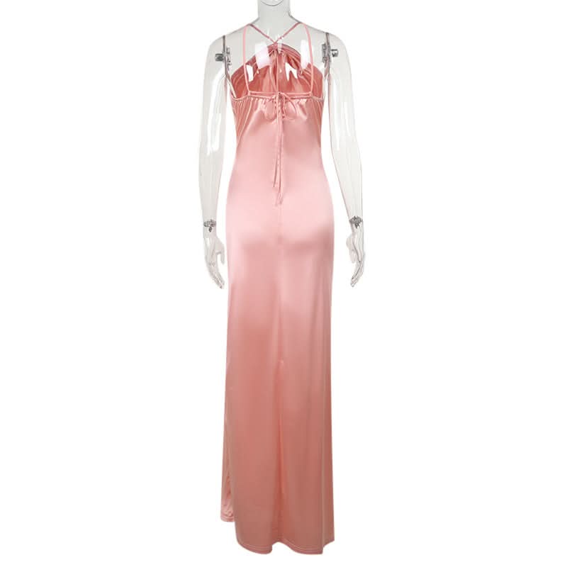 Hollow out satin slit ruched cut out maxi dress