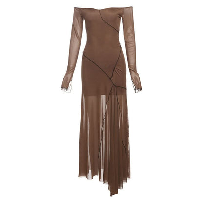 Long sleeve off shoulder mesh ruffle maxi dress