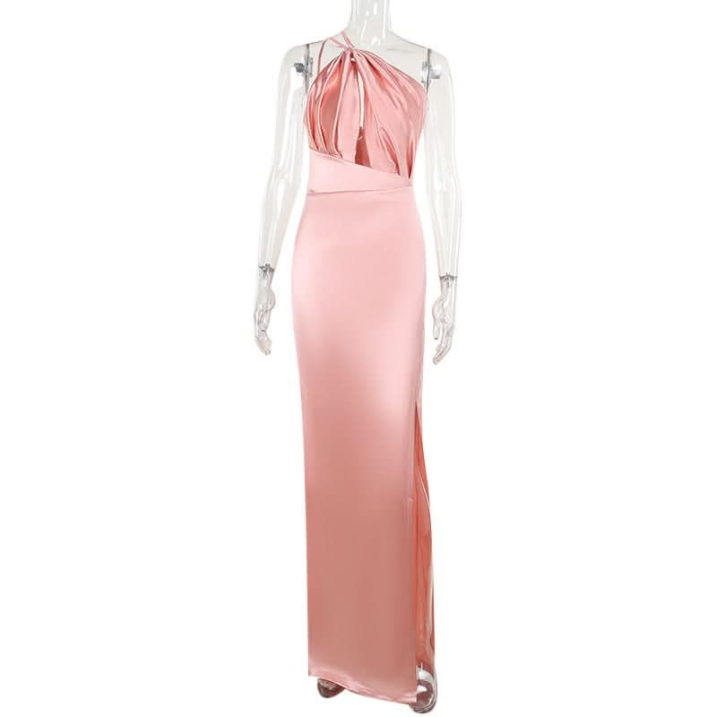 Hollow out satin slit ruched cut out maxi dress