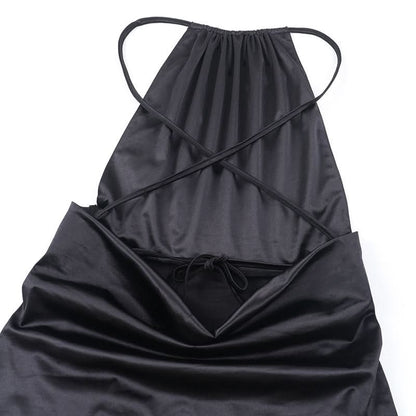 Cross back satin self tie slit maxi dress