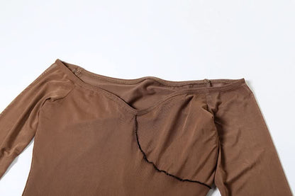 Long sleeve off shoulder mesh ruffle maxi dress