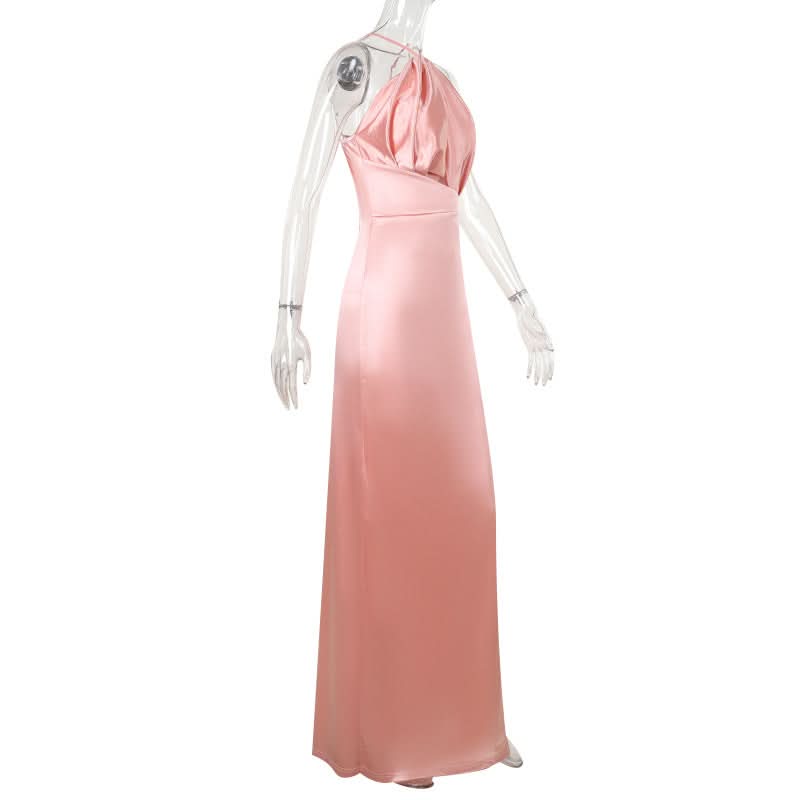 Hollow out satin slit ruched cut out maxi dress