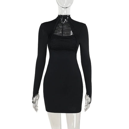 Long sleeve high neck hollow out self tie cut out mini dress