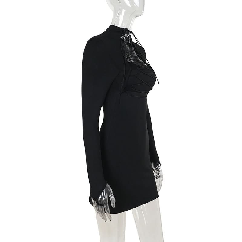 Long sleeve high neck hollow out self tie cut out mini dress