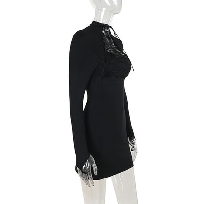 Long sleeve high neck hollow out self tie cut out mini dress