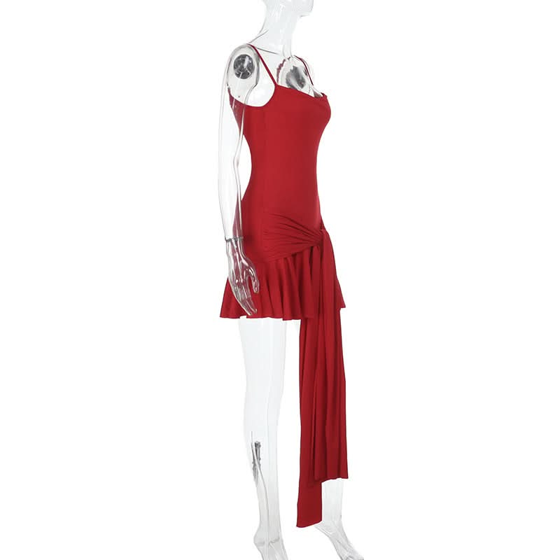 U neck solid knotted ruffle ruched cami mini dress
