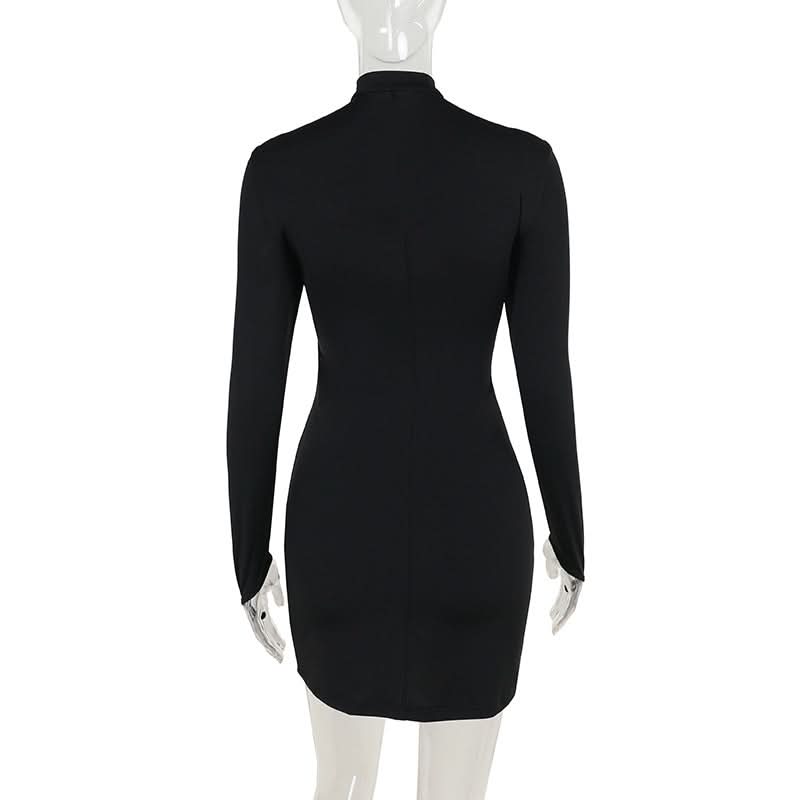 Long sleeve high neck hollow out self tie cut out mini dress