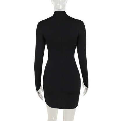Long sleeve high neck hollow out self tie cut out mini dress