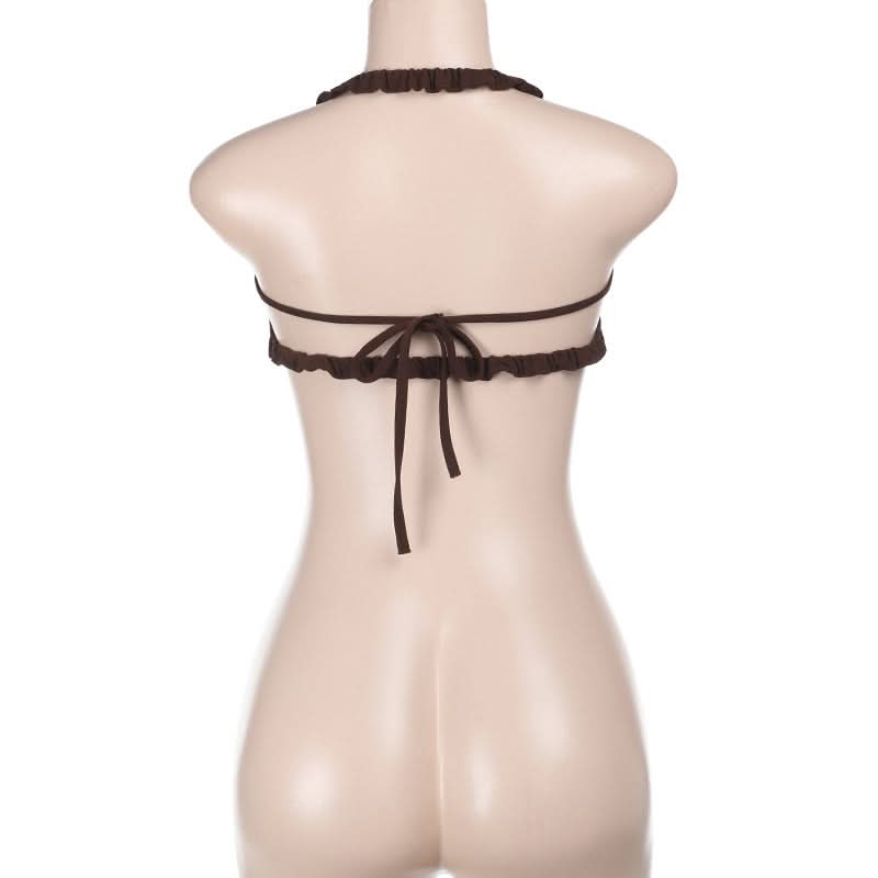 Halter ruched backless self tie top