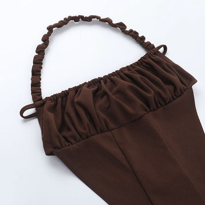 Halter ruched backless self tie top